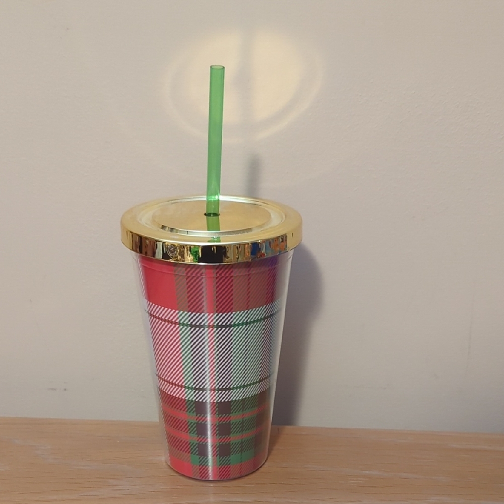 ⭐️ 5/ $25  Ashland Plaid Tumbler with Gold Lid and Green Straw